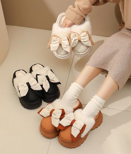 Chunky Heel Bowknot Plush Slippers Women’s Warm Fleece - Lined Non - Slip EVA Sole Indoor Outdoor House Shoes4