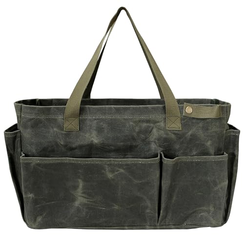 Faltbare werkzeugtasche Leer, gartenwerkzeug tasche, Handwerkzeugtasche groß, einkaufstasche klein, Waxed canvas 46x18x28cm - Ideal für Gärtner Elektriker Schreiner Handwerker(olivgrün)