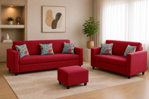 Image of Rosebell 3+2 Fabric Sofa Set with Ottoman | Premium Upholstery 5-Seater Sofa | with Printed Cushions | Living Room Furniture |Red-Color