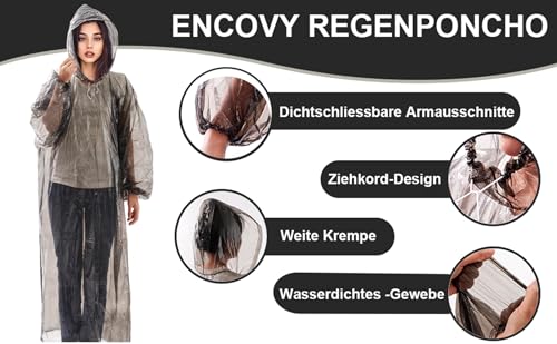 ENCOVY 5er Pack Einweg Regenponcho, Einmal Regencape atmungsaktive, wasserdichte Regenmäntel & Regenjacken mit Kapuze, Passend für Damen & Herren, ideal bei Camping, Angeln, Festivals, Outdoor