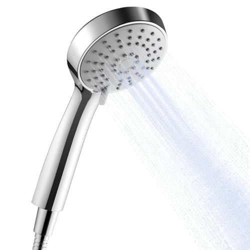 OFFO Duschschlauch mit Duschkopf, Wassersparend und Hochdruck, Handbrause mit 3 Strahlarten, Handbrause Rund, Duschbrause mit Antikalk-Funktion, Leicht zu Reinigen, Chrom