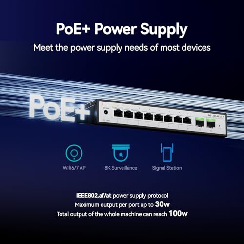 Image of 10 Port 2.5Gb PoE Switch，Umanaged Managed Network Switch，8 Port 2.5G RJ45 PoE，2 Port 10G SFP+, IEEE8023af /at，Total Power 100W, 30W per Port, Fanless，Supports AP, VoIP Phone, IP Camera, NVR