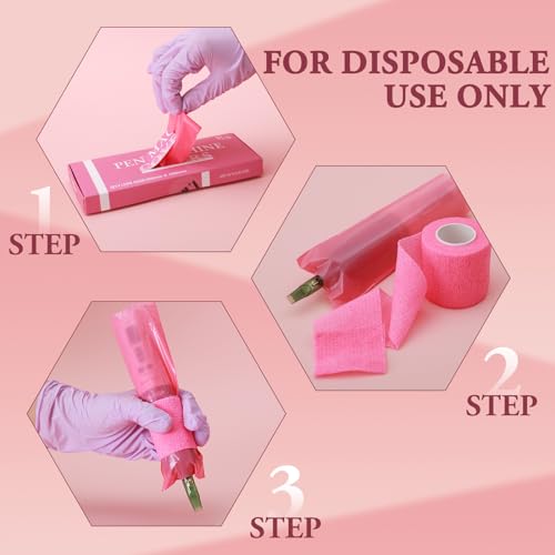 INKin Capas grandes para máquina de tatuagem rosa com fita autoadesiva, 200 peças de capas de caneta