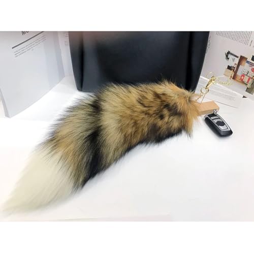 Image of 15.75 Inch Long Fluffy Faux Fur Tail Keychain, Fake Animal Tails for Handbags Backpacks Charm Tassel Ornaments (Khaki-Black)