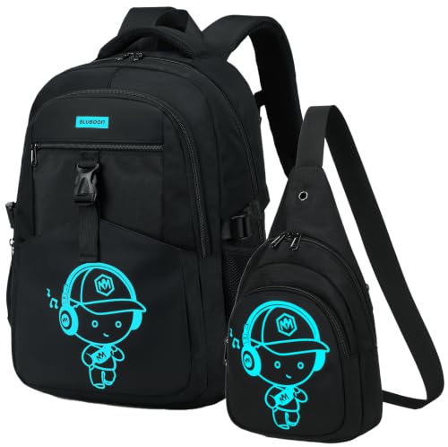 Bluboon Kids Backpack Boys Camo Bookbag Teens Elementary School Bag Daypack Travel Back Pack Middle school (Solid Black 2-Piece with Crossbody Bag)