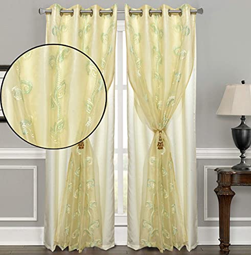 Image of Polyester Embroidered Window Curtain, Set of 2 (5 Feet, Green Carey + Ivory Blackout)