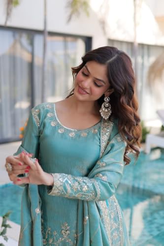 Image of Women's Embroidered Kurta Sharara Set with Dupatta | Designer Indian Ethnic Suit | Festive, Wedding, Engagement & Party Outfit for Women