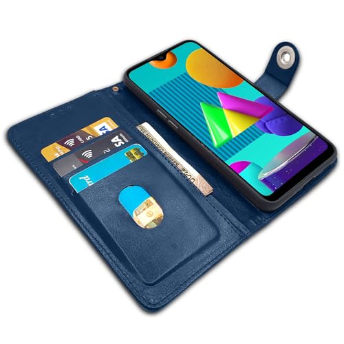 Image of Pikkme Samsung Galaxy M01 Flip Cover Leather Finish | Inside TPU with Card Pockets | Wallet Stand and Shock Proof | Complete Protection Flip Case (Button Blue)