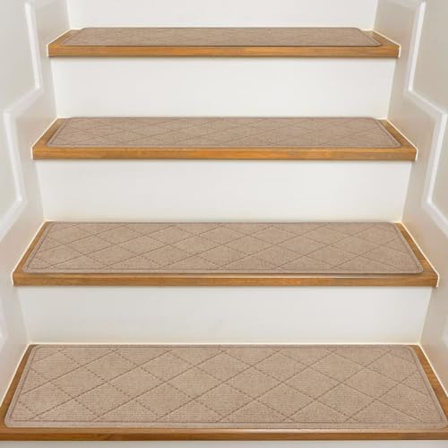 Stairtreadsforwoodenstepsindoor15pack8x30nonslipcarpetstairtreadswithreusableadhesiveforkidseldersanddogssurfacepolyestertprbackingstairrugsbeige Urban Country Home Decor Stair treads for wooden steps indoor 15 pack 8 x 30 non slip carpet stair treads with reusable adhesive for kids elders and dogs surface polyester tpr backing stair rugs beige urban country home decor