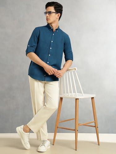 Image of Thomas Scott Men's | Solid | Textured Fabric | Full Sleeve | Slim Fit | Polyester-Blend | Spread Collar | Casual Shirt