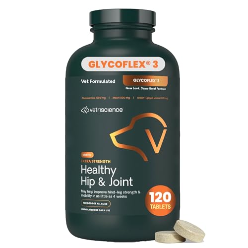 VetriScience Extra Strength Healthy Hip & Joint Chewable Tablets, GlycoFlex Glucosamine and Green-Lipped Mussel Joint Support Supplement for Dogs, Soothe Joint Discomfort, Chicken, 120 Count