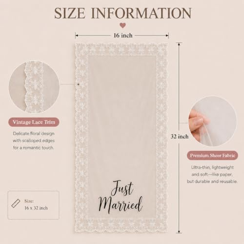 Image of Just Married Wedding Table Runner with Lace Trim, Handmade Sweetheart Head Table Banner Just Married Lace Sign for Wedding Reception Car Event Bridal Shower Home Bar Party