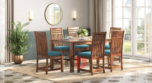 Image of Dining Table Set || Wood Dining Table with Chair 6 Seater || Dining Room Furniture || Wooden 6 Seater Dining Table || Modern and Unqiue Dining Table Living Room (6 Seater Dining Table) Natural Finish