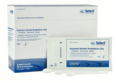 Select Isopropyl Alcohol Prep Swabsticks (3's), Box of 75 (25 packets of 3), # 988