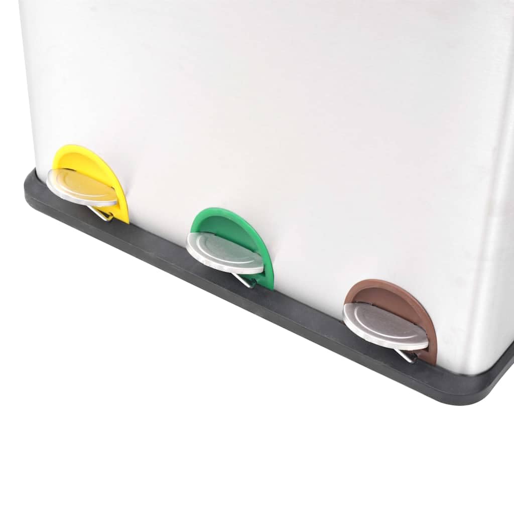 Cubo de basura con pedal de 54 litros, de acero inoxidable, con 3 cubos interiores, con mecanismo de pedal y tapa de cierre suave, color plateado