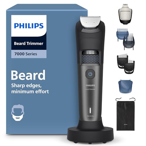Recortadora de barba Philips Serie 7000 - Cuchillas autoafilables, 40 posiciones ajustables, sensor, sistema recogedor de vello, base de carga, 100% resistente al agua, funda blanda, BT7660/15