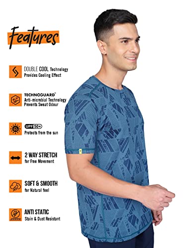 Image of TECHNOSPORT Men Polyester Regular Fit Half Sleeve Jacquard T-Shirt with Double Cool, Quick Dry & Anti Microbial for Sports, Running & Casual Use