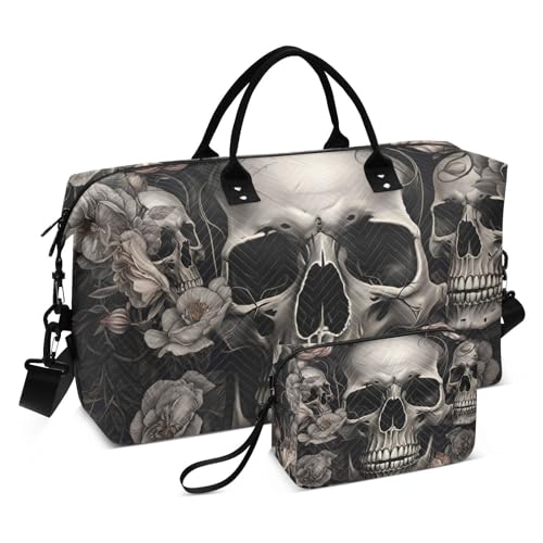 Large Travel Duffel Bag, Rose and Skulls Sports Tote Gym Bag, Shoulder Weekender Overnight Bag for Women Men, Carry On Luggage with Toiletry Bags