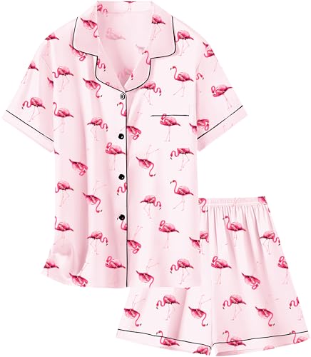Image of Schbbbta Girls Womens Pajamas, Satin Silky Pjs Set Kids 2Pcs Button-Down Nightwear Sleepwear Gift for Mommy and me