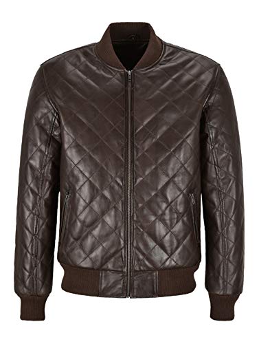 Mens 70s Bomber Leather Jacket Brown Quilted Street Inspired Retro Jacket 275-D