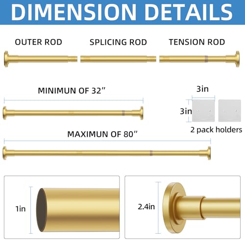 Image of CorkLatta Gold Shower Curtain Rod,1 Inch Diameter Stainless Steel Adjustable Spring Tension Rods 32 to 80 inch,with Holders,Anti-Slip,Curtain Rods No Drilling(1 Pack)