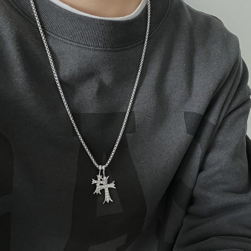 Gothic Double Cross Necklace Silver Plated Goth Vintage Necklace Y2K Long Dainty Cross Choker Necklace for Women Men Silver Non Tarnish Chrome Punk Heart Chain Link 2000s Jewelry4