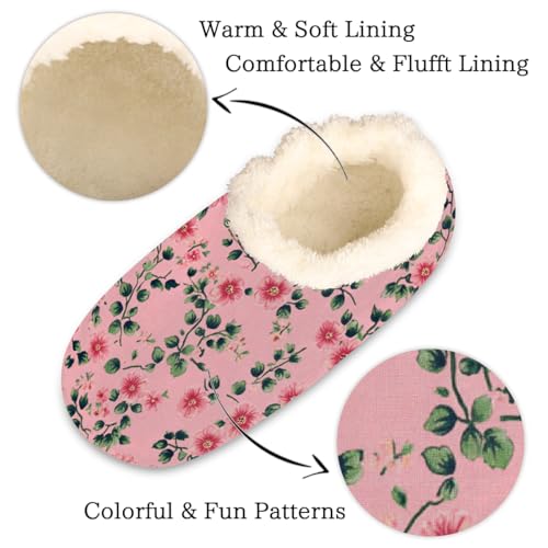 Pink Floral Pattern Slippers for Women Slipper Socks Soft Fuzzy House Slippers Shoes for Indoor Bedroom, Winter Cozy Christmas Gifts2
