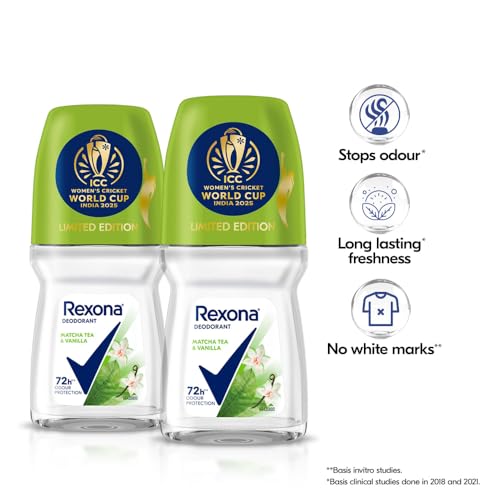 Image of Rexona Matcha Tea & Vanilla Antiperspirant Roll-On | for Women |72H Odour Protection | Limited Edition Pack - ICC Women's Cricket World Cup India 2025 |50 ML (Pack of 2)