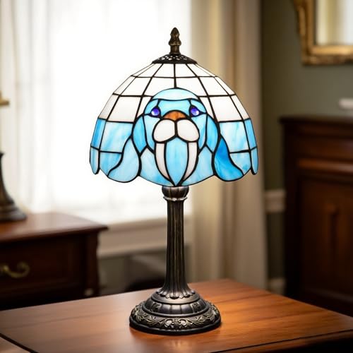 NUODITOS Tiffany lampa stołowa, mors, niebieska, witrażowa, lampka nocna, antyczna, jedyna w swoim rodzaju, urocza, akcentująca, lampka nocna do domu, salonu, biura, sypialni, baru, dekoracja