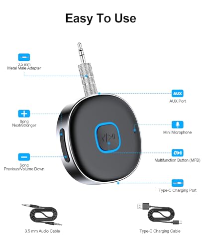 HORJOR AUX Bluetooth adapter samochodowy, odbiornik Bluetooth 5.0, bezprzewodowy adapter Bluetooth do samochodu, słuchawek, rozmowy głośnomówiące, podwójne połączenie, 16 godzin odtwarzania