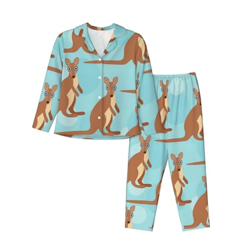 Pyjama femme manches longues imprimé kangourou et pantalon taille élastique