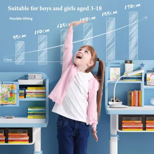 Zestawy Krzeseł Stołowych Dla Dzieci, Krzesła Do Biurek Dla Dzieci, Ergonomiczne Biurko Do Nauki Dla Dzieci Z Regulacją Wysokości, Stacja Robocza Komputera Z Szufladą (Color : /Blue A+lamp, Size : 8