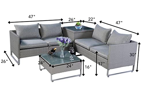 Image of DEVOKO Handwoven Wicker 4 Seater Sofa Set with Glass Top Center Table and Side Table for Living Room Conversation Set with Cushion for Home and Outdoor (Grey)