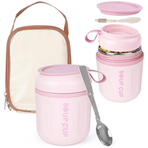hoforife 16 OZ Stainless Steel food thermo for hot food, kids lunch insulated food container Double-Walled Vacuum Soup Thermo Keep Hot & Cold 14H (Pink) Cover