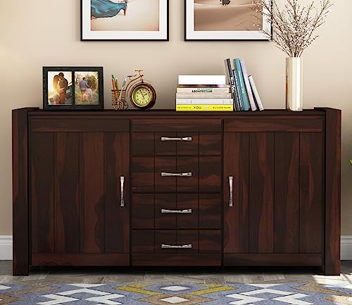 Image of Solid Sheesham Wood Wooden Sideboard Storage Cabinet & Chest of Drawer : Ideal for Living Room and Bedroom with 4 Drawers and 4-Shelf Storage (Chevalier, Walnut Finish)