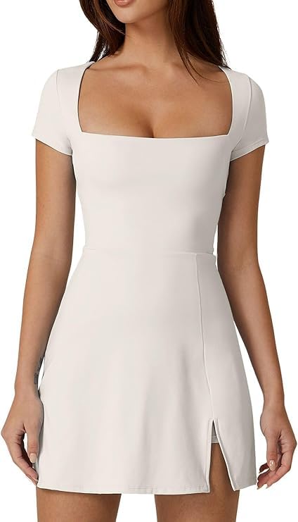 Women's Square Neck Tennis Dress with Short Sleeves. Features Built - in Shorts and Pockets, Suitable for Golf (US, Alpha, X-Large, Regular, Regular, White)