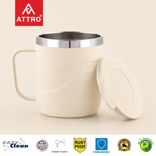 Image of ATTRO Brew Mug - Stainless Steel Inner with eco Friendly Outer Body Durable Stylish, Microwave Safe Coffee,Tea Mug with Handle & Lid, Ideal for Home, Office, Travel & Gifting-300ml-Ivory