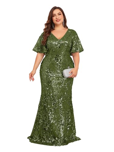 Image of Plus Size Glamous Short Sleeves Womens Sequin Dress Formal Gowns Evening Glitter Mermaid Prom Dress