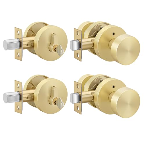 Image of Goldenwarm Gold Door Knobs with Deadbolt, Zinc Alloy Exterior Front Door Knobs and Single Cylinder Deadbolt, Matte Black Front Door Locks Set (2 Pack)