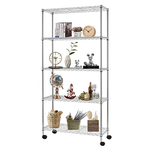FDW | 5-Tier Wire Storage Shelves with Wheels | 30"x14"x61" | Chrome | Adjustable Racks | Heavy-Duty Metal Shelf, Holds Upto 220 lbs | Tool-Free Assembly, Rust-Resistant | for Home & Garage Shelving