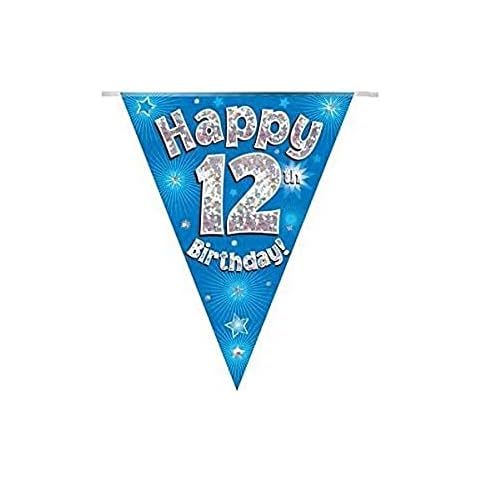 OAKTREE UK 631229 Party Bunting Happy 12th Birthday Blue Holographic 11 Flags 3.9m Cover