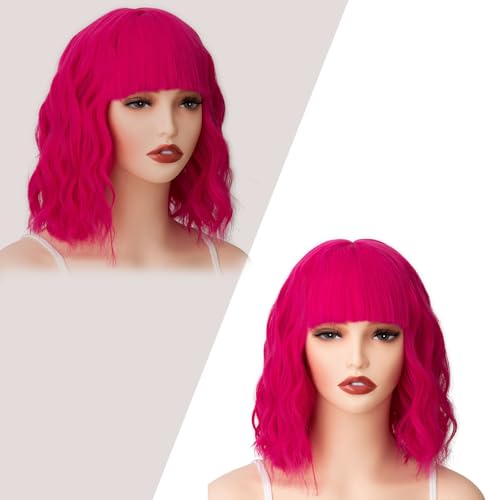 Image of Rose bud Wavy Bob Wig with Bangs Natural Hot Pink Wig Synthetic Hair Shoulder Length Short Curly Wigs for Women