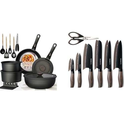 Image of Astercook Non Stick RV Pots and Pans Ceramic Kitchen Cookware Set and Astercook 13-Piece Kitchen Knife Set with Black Anti-Rust Coating Stainless Steel Chef Knives Set