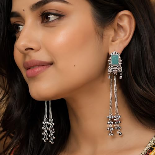 Image of I Jewels Traditional Silver Oxidised Kashmiri Long Dangler Earrings with Ghungroo for Women & Girls Gift