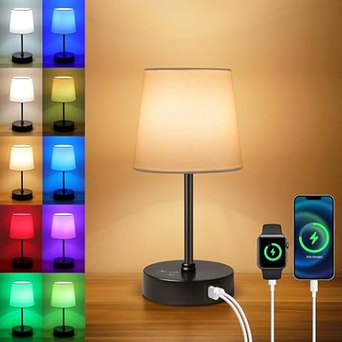 Ascher 1 Pack Small Bedside Table Lamp with 3 Color Temperatures, Dimmable Nightstand Lamp with Dual USB Ports, Touch Control RGB Color Desk Lamp for Bedroom Living Room Study Office(White Shade) Cover