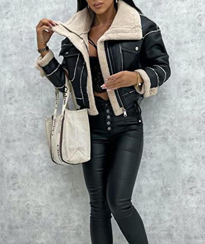 Sexyshine Women's Faux Shearing Moto Bomber Jacket Sherpa-Lined Coat Winter Aviator Leather Coat Outerwear(23744Bl,L) #TOP4