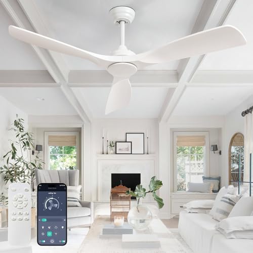 BvenuBigLite Ceiling Fan Without Light: 52 Inch 3 Blade Indoor Outdoor Fan for Patios - Modern White Ceiling Fan No Light Remote APP Control Reversible 6 Speed Timer Noiseless