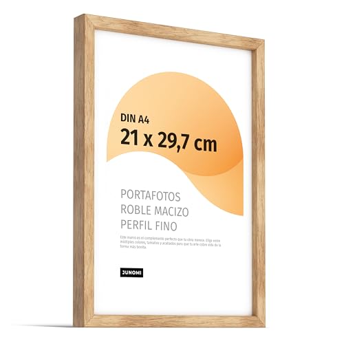 JUNOMI® Marco de fotos Premium de roble DIN A4 (21x29,7cm) – Madera auténtica, cristal sintético inastillable, perfil estrecho, diseño minimalista, uso vertical u horizontal
