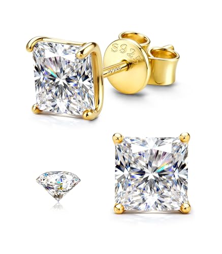 GEMQUEEN Moissanite Earrings Studs for Men Women - 18K Real Gold Plated Solid 925 Sterling Silver Stud Earring Mens Moissanite Jewelry Hypoallergenic for Sensitive Earrings Square Princess Cut 6mm