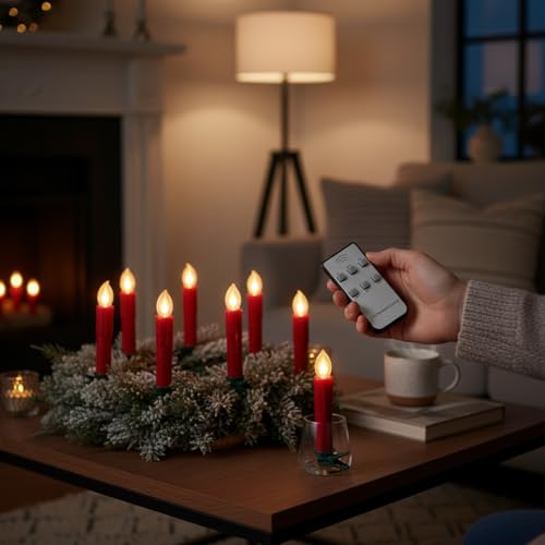 Image of Flameless LED Taper Candles with Clips, 4 inch Battery Operated Window Candles with Remote Timer Mini LED Chandelier Candlesticks for Home Decor Wedding Church Party & Tree Lighting,10 Pack,RED
